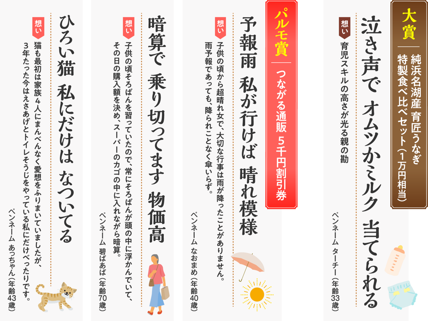 大賞　純浜名湖産 育匠うなぎ特製食べ比べセット（1万円相当）　泣き声で オムツかミルク 当てられる　想い：育児スキルの高さが光る親の勘　ペンネーム ターチー（年齢33歳） パルモ賞　つながる通販 5千円割引券　 予報雨 私が行けば 晴れ模様　想い：子供の頃から超晴れ女で、大切な行事は雨が降ったことがありません。雨予報であっても、降られことなく傘いらず。　ペンネーム なおまめ（年齢40歳） 暗算で 乗り切ってます 物価高　想い：子供の頃そろばんを習っていたので、常にそろばんが頭の中に浮かんでいて、その日の購入額を決め、スーパーのカゴの中に入れながら暗算。　ペンネーム 碧ばあば（年齢70歳） ひろい猫 私にだけは なついてる　想い：猫も最初は家族4人にまんべんなく愛想をふりまいていましたが、3年たった今はえさあげとトイレそうじをやっている私にだけべったりです。　ペンネーム あっちゃん（年齢43歳）