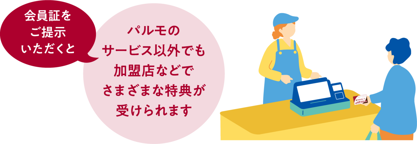 会員証をご提示いただくとパルモの サービス以外でも 加盟店などで さまざまな特典が受けられます