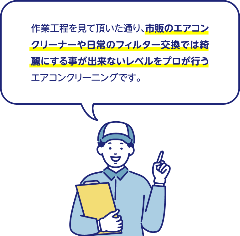 作業工程を見て頂いた通り、市販のエアコンクリーナーや日常のフィルター交換では綺麗にする事が出来ないレベルをプロが行うエアコンクリーニングです。