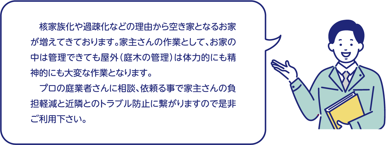 核家族化や過疎化などの理由から空き家となるお家が増えてきております。家主さんの作業として、お家の中は管理できても屋外(庭木の管理)は体力的にも精神的にも大変な作業となります。 プロの庭業者さんに相談、依頼る事で家主さんの負担軽減と近隣とのトラブル防止に繋がりますので是非ご利用下さい。