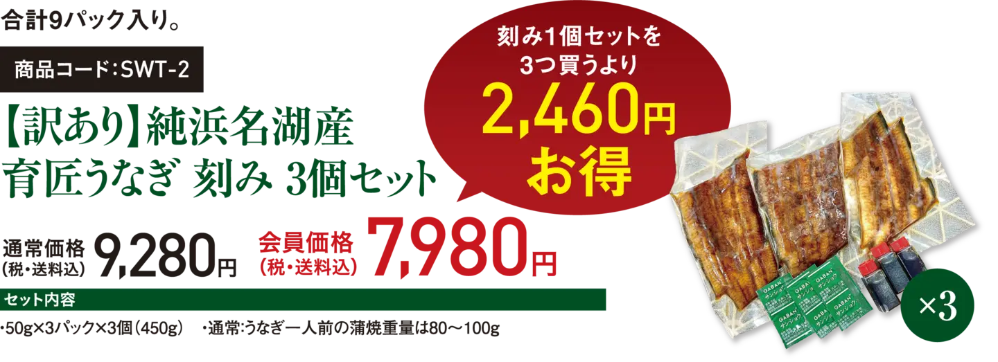 合計9パック入り。商品コード：SWT-2【訳あり】純浜名湖産 育匠うなぎ 刻み 3個セット